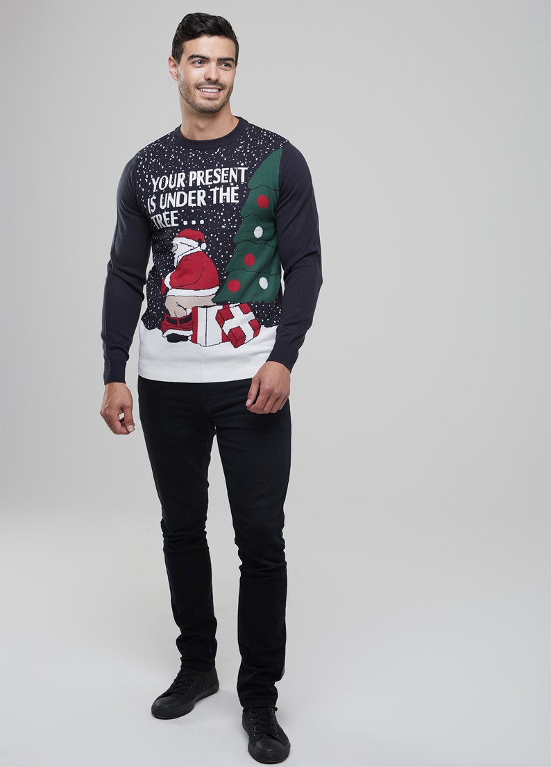 Men's Christmas Novelty Jumper Funny Santa Knitted Blue Xmas Sweater