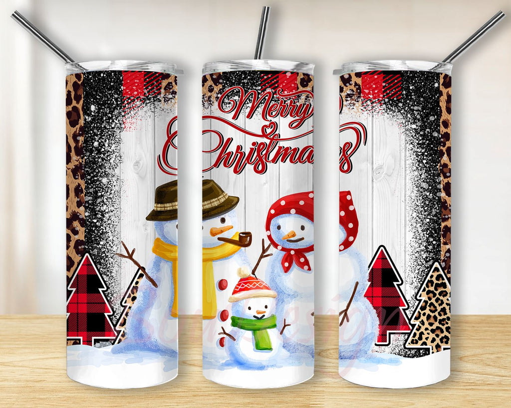 Merry Christmas Snowman Beautiful Family Leopard Style  Skinny Tumbler
