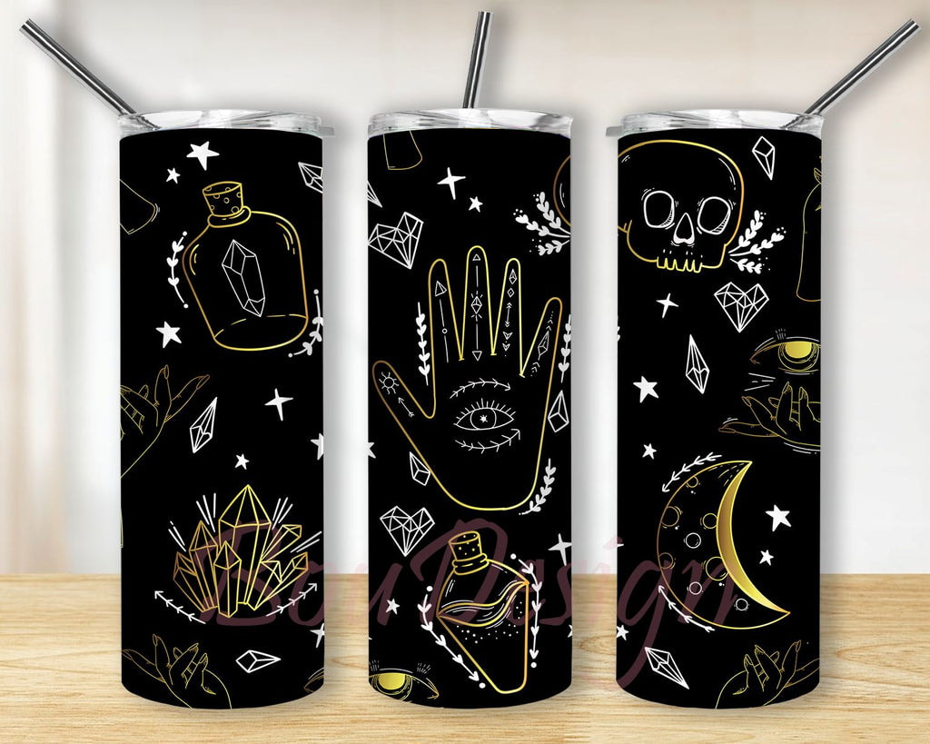 Mysteric Magic Witch Hand Pattern With Black Background Skinny Tumbler