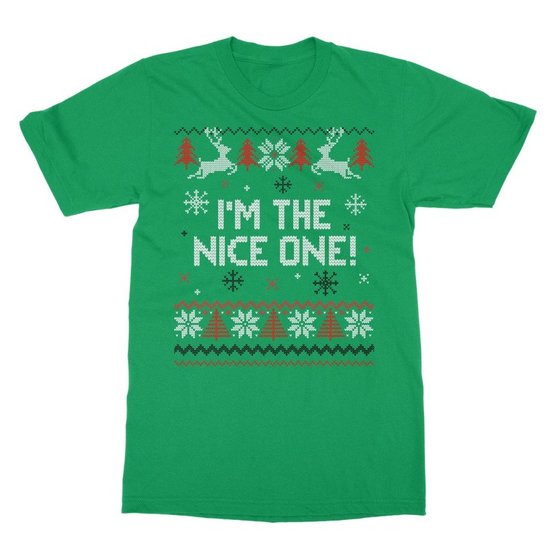 Naughty and Nice matching ugly Christmas shirts. Red green His and Hers