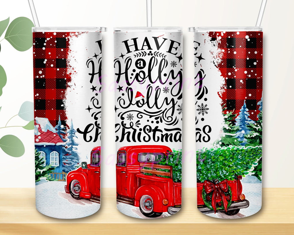 Red Car With Christmas Tree Have a Holly Jolly Christmas 20oz 30oz Skinny Tumbler