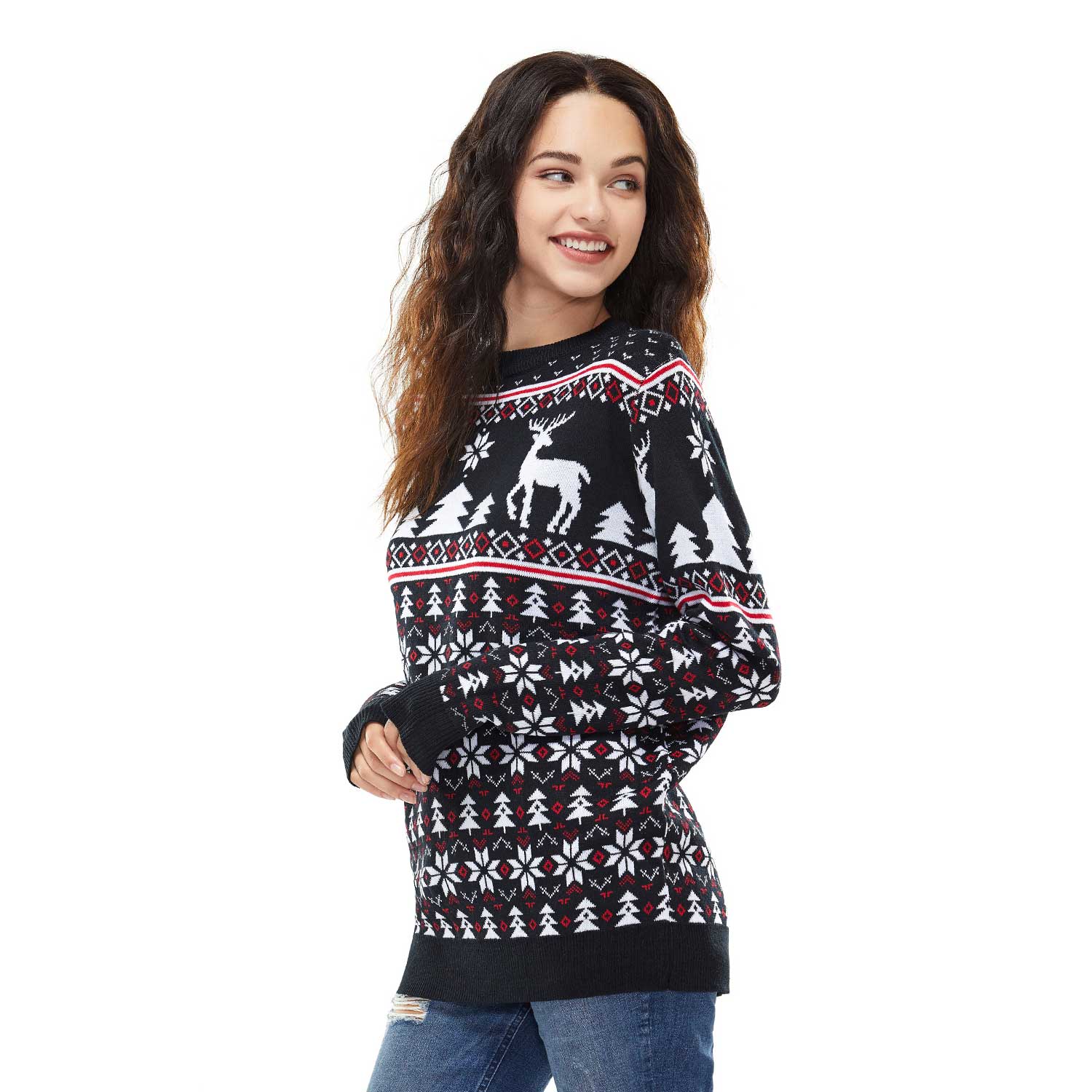Reindeer and Snowflakes on Fleek Black Mens Funny Christmas Sweater