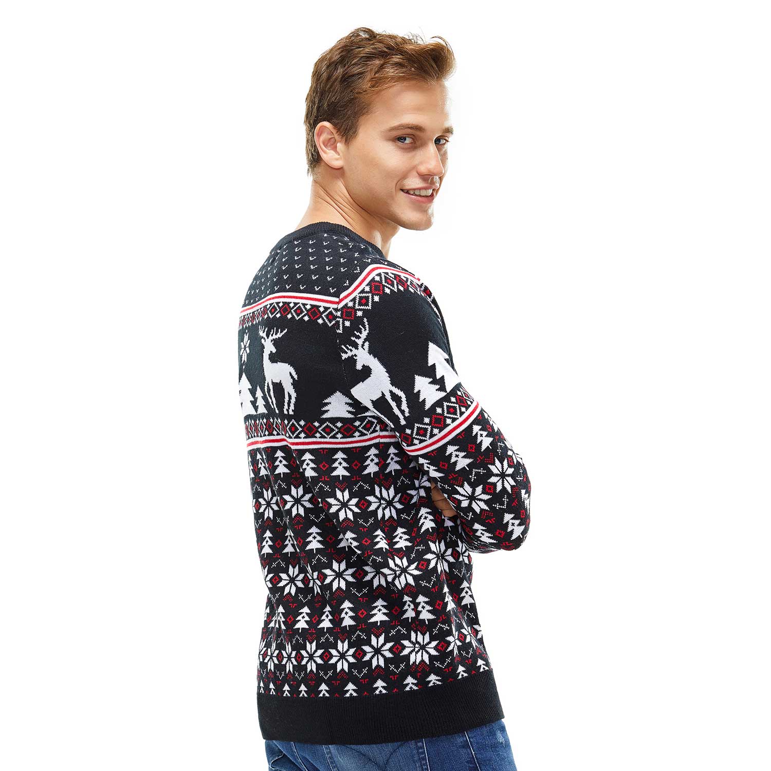 Reindeer and Snowflakes on Fleek Black Mens Funny Christmas Sweater