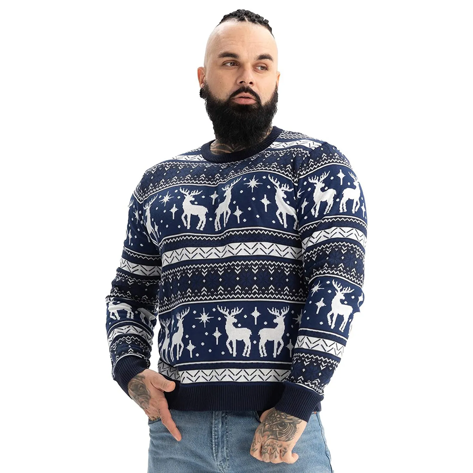 Reindeer on Repeat Mens Funny Christmas Sweater  Blue