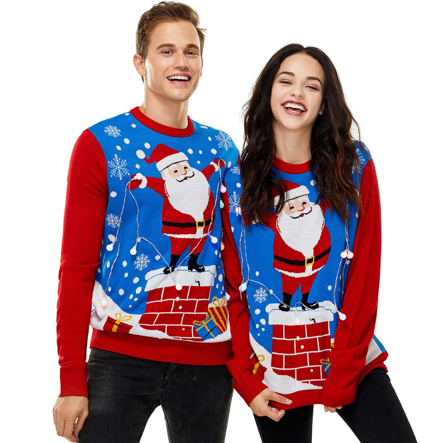 Santa Holding the LED Lights Couples Ugly Christmas Sweater