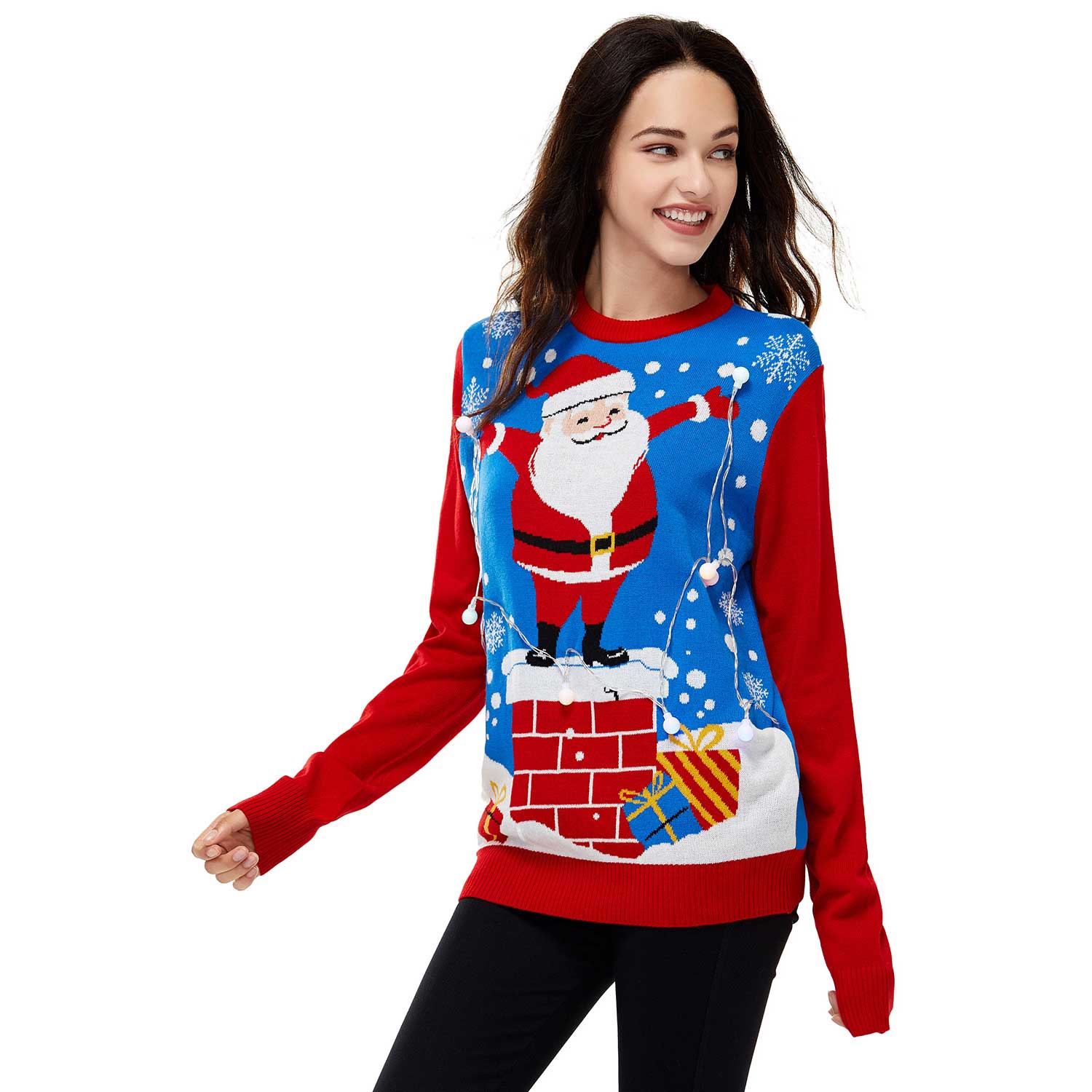 Santa Holding the LED Lights Couples Ugly Christmas Sweater