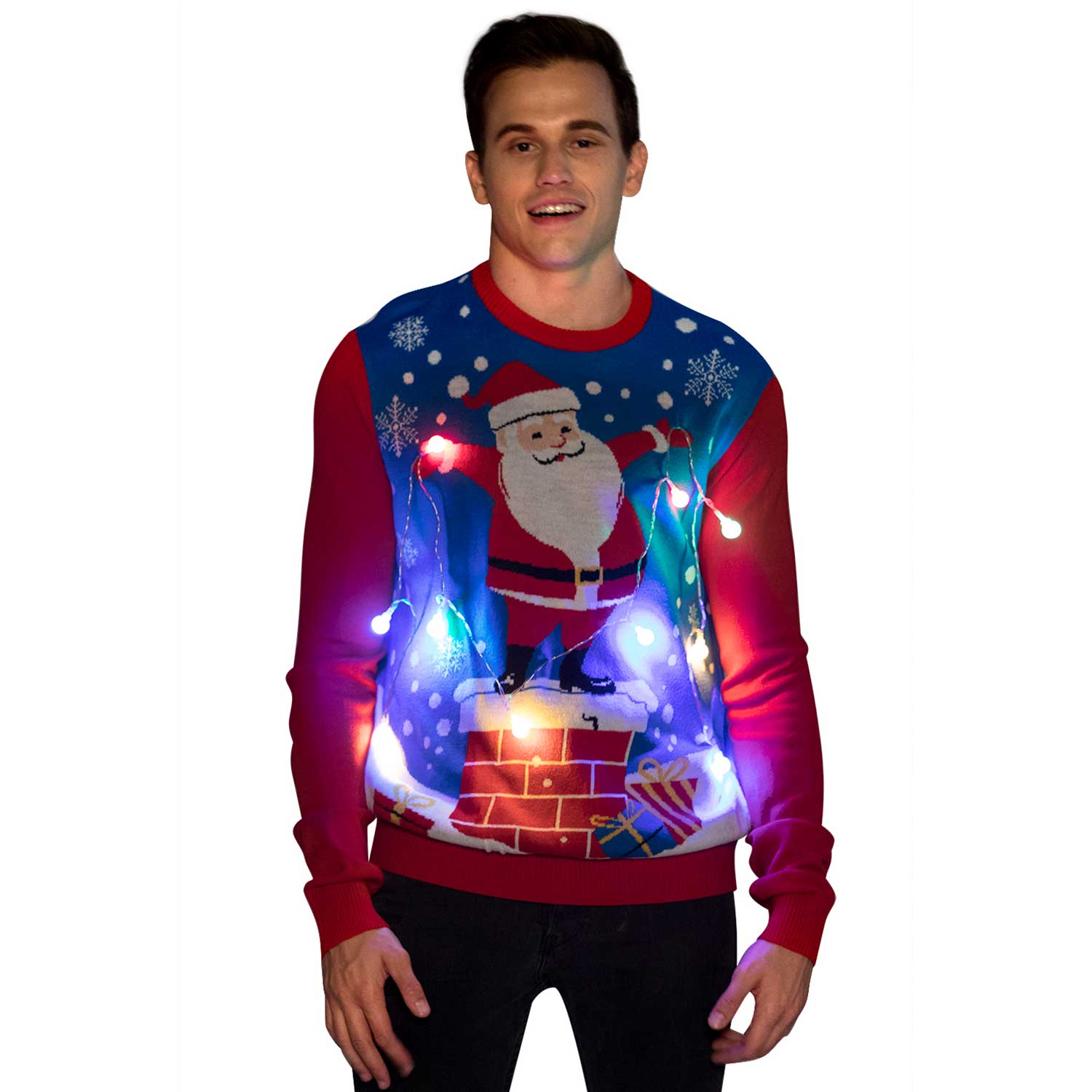 Santa Holding the LED Lights Mens Funny Christmas Sweater