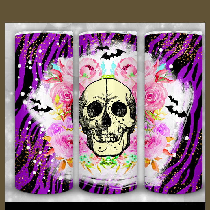 Skull Halloween Purple Zebra Skin & Floral Pattern Skinny Tumbler
