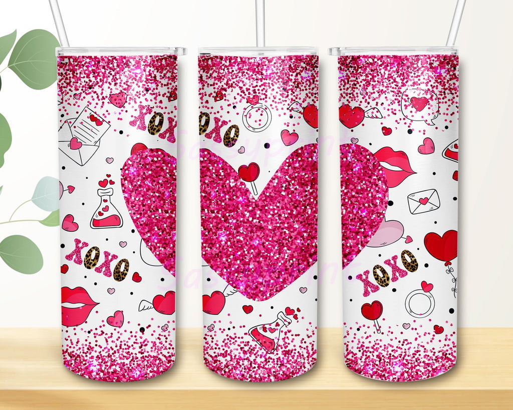 Valentine Heart XOXO Pink Glitter Heart White Pattern 20oz 30oz Skinny Tumbler