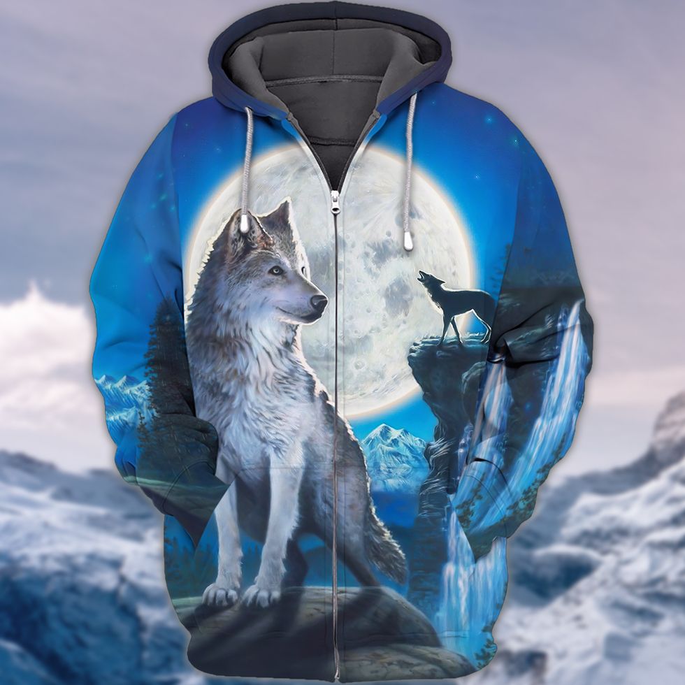 Wolf With Moon Blue Background Gifts For Wolf Lover
