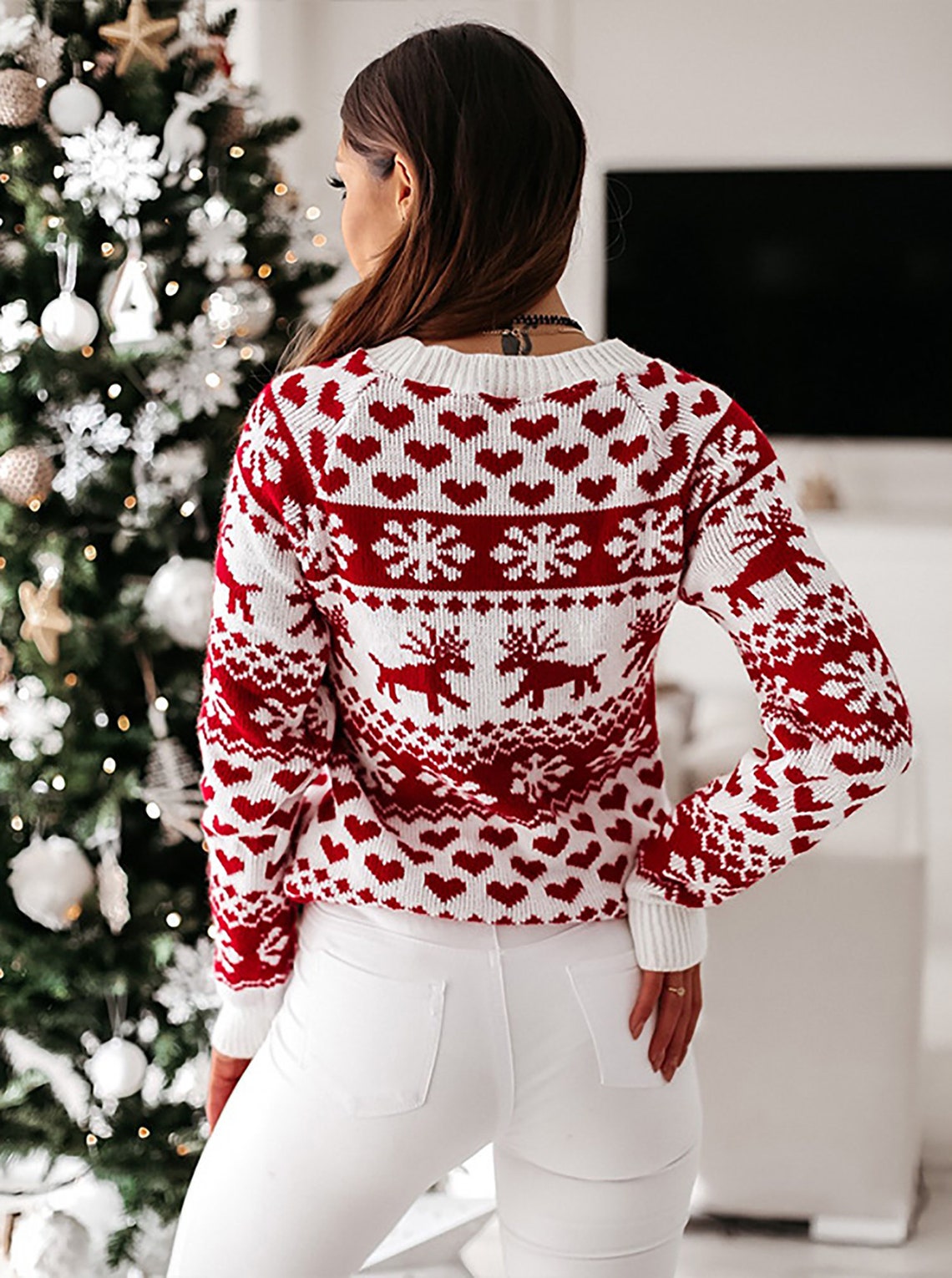 Women's Knit Christmas Sweater, Cute Snowflake Elk Pattern Pullovers