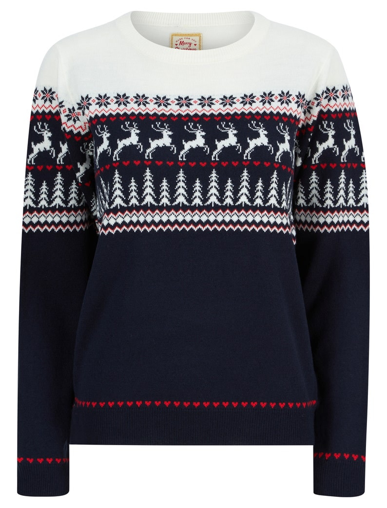 Women's Ladies Christmas Novelty Fair Isle Jumper Cream and Blue Knitted Xmas Sweater