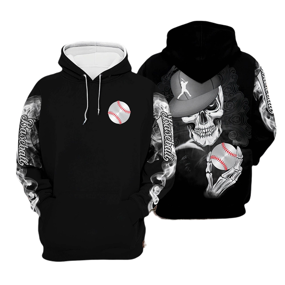 Badass Skull Baseball Black Background 3D Hoodie, T-Shirt, Zip Hoodie, Sweatshirt For Men and Women