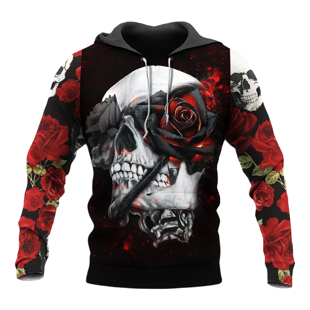 BLACK AND RED ROSE AND SKULL DEATH HEAD 3D Hoodie, T-Shirt, Zip Hoodie, Sweatshirt For Men and Women