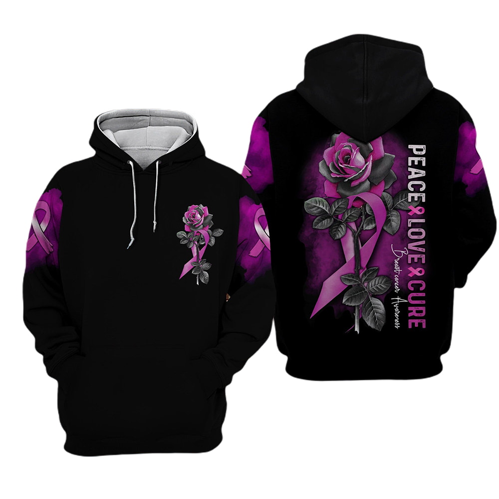 Breast Cancer Peace Love Cure Puurple And Black Rose 3D Hoodie, T-Shirt, Zip Hoodie, Sweatshirt For Men and Women