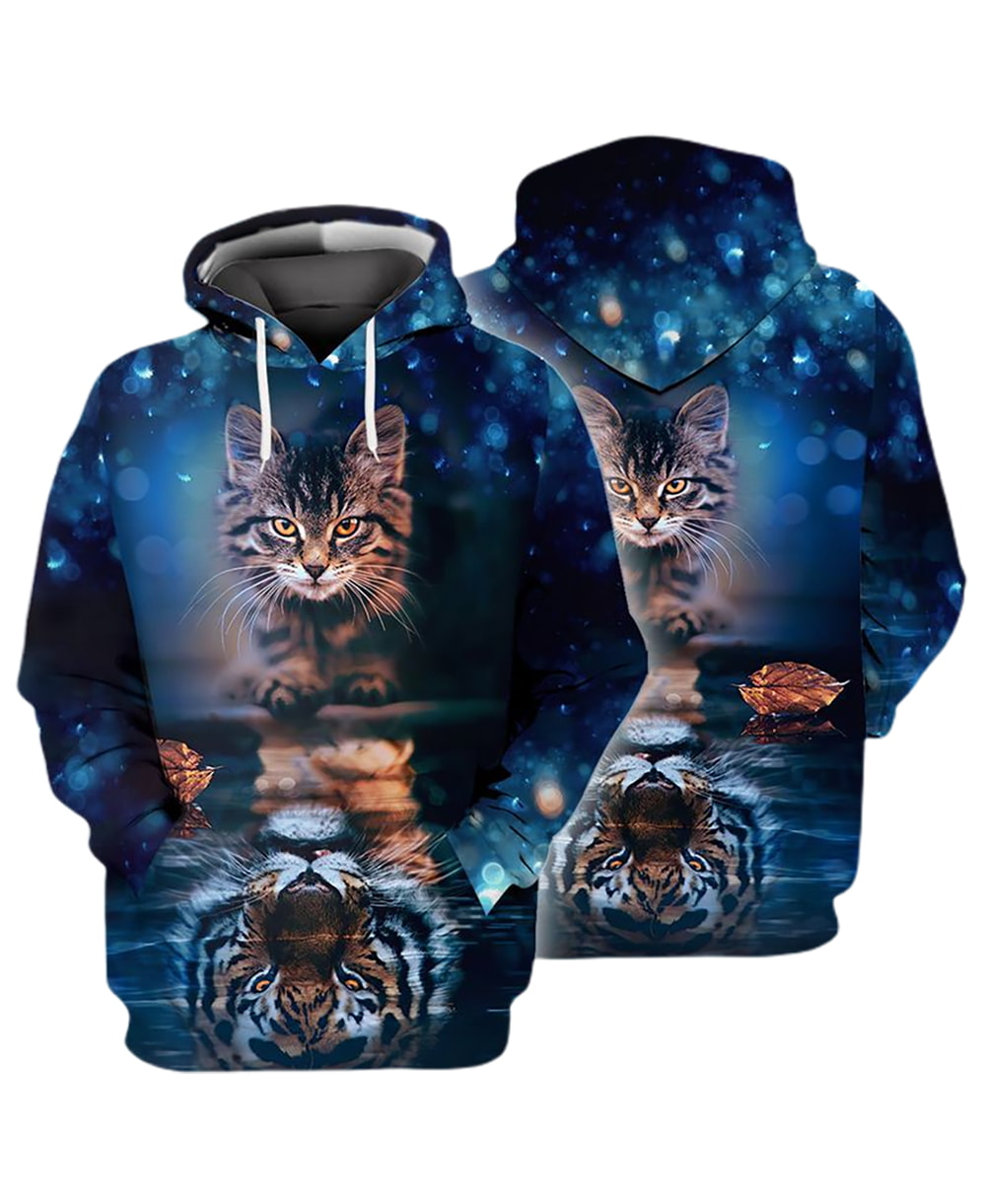 Cats Reflection Mirror Tiger Blue Color 3D Hoodie, T-Shirt, Zip Hoodie, Sweatshirt For Men and Women