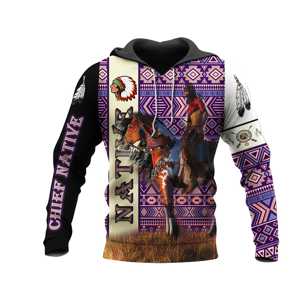 Chief And Horse Native Pattern 3D Hoodie, T-Shirt, Zip Hoodie, Sweatshirt For Men and Women