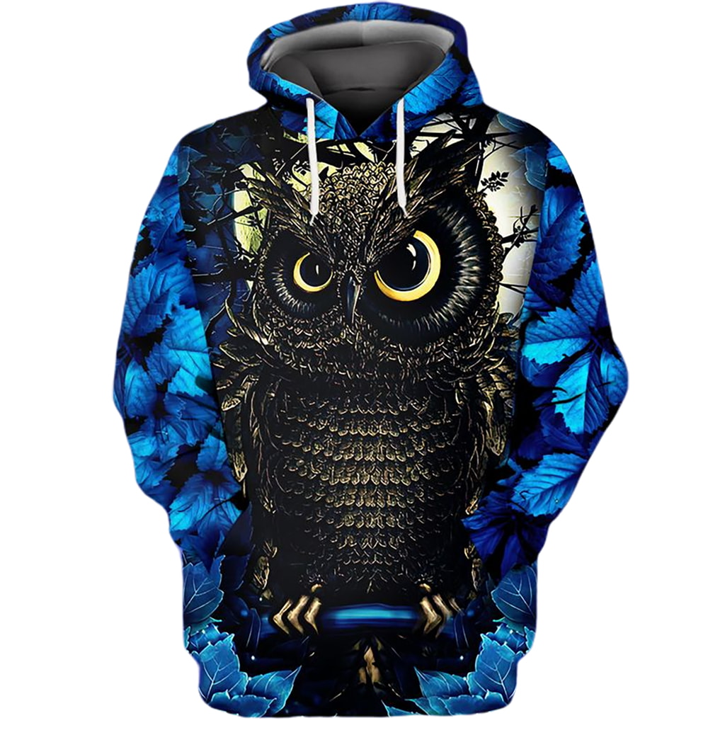 Amazing Owl Blue Leaf 3D Hoodie, T-Shirt, Zip Hoodie, Sweatshirt For Men and Women