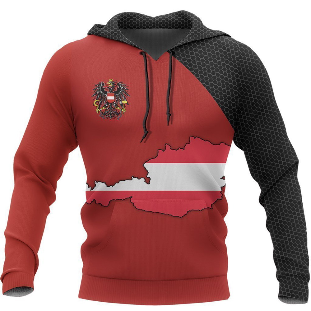 Austria Map Red Carbon Pattern 3D Pullover Hoodie, T-Shirt, Zip Hoodie, Sweatshirt For Men and Women