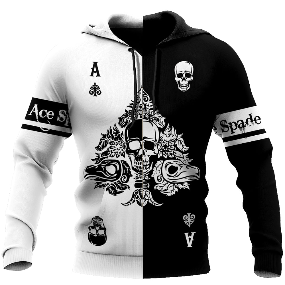 Black & White Poker Skull Ace Spade Pattern 3D Hoodie, T-Shirt, Zip Hoodie, Sweatshirt For Men And Women