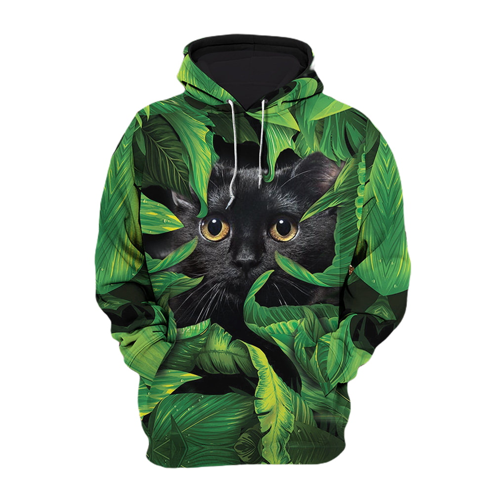 Black Cat Hidden Under Leaves 3D Hoodie, T-Shirt, Zip Hoodie, Sweatshirt For Men And Women