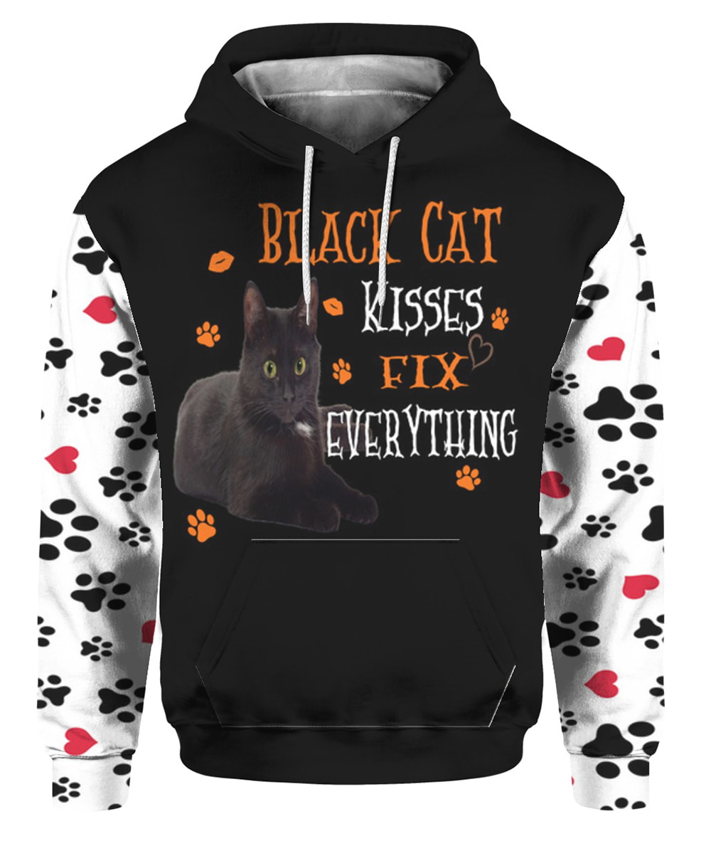 Black Cat Kisses Fix Everything 3D T-Shirt, Hoodie, Zip Hoodie, Sweatshirt For Mens And Womans