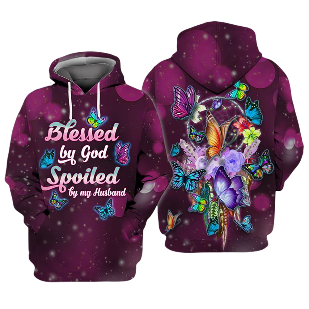 Butterfly Blessed By God Spoiled By My Husband 3D Hoodie, T-Shirt, Zip Hoodie, Sweatshirt For Men And Women