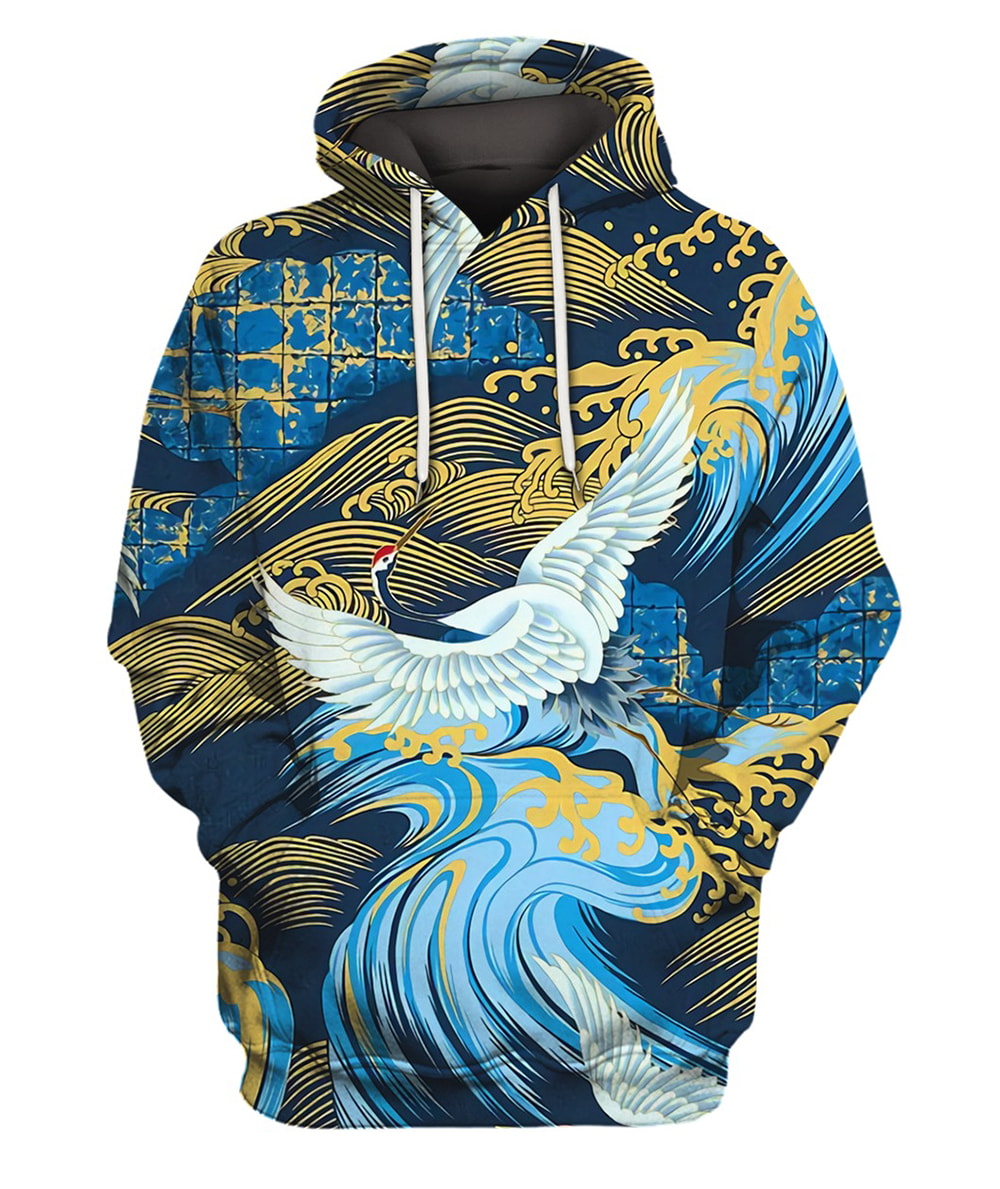 Cranes Waves Birds Asian 3D T-Shirt, Hoodie, Zip Hoodie, Sweatshirt For Mens And Womans