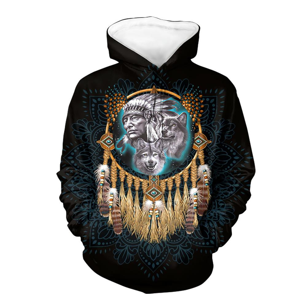 Chief With Wolf Native Dreamcatcher 3D Hoodie, T-Shirt, Zip Hoodie, Sweatshirt For Men And Women