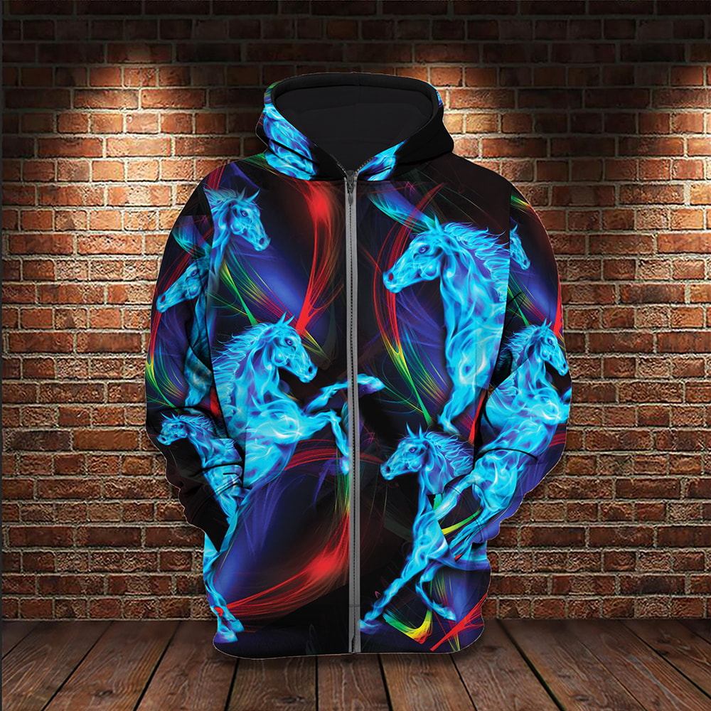 Blue Glow Horse Illusion Color 3D Hoodie, T-Shirt, Zip Hoodie, Sweatshirt For Men and Women