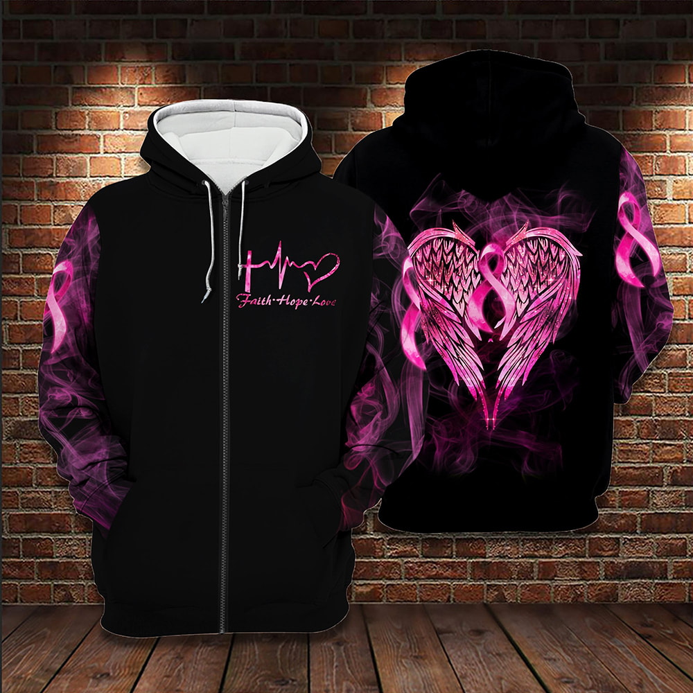 Breast Cancer Pink Ribbon With Angle Wings 3D Hoodie, T-Shirt, Zip Hoodie, Sweatshirt For Men and Women
