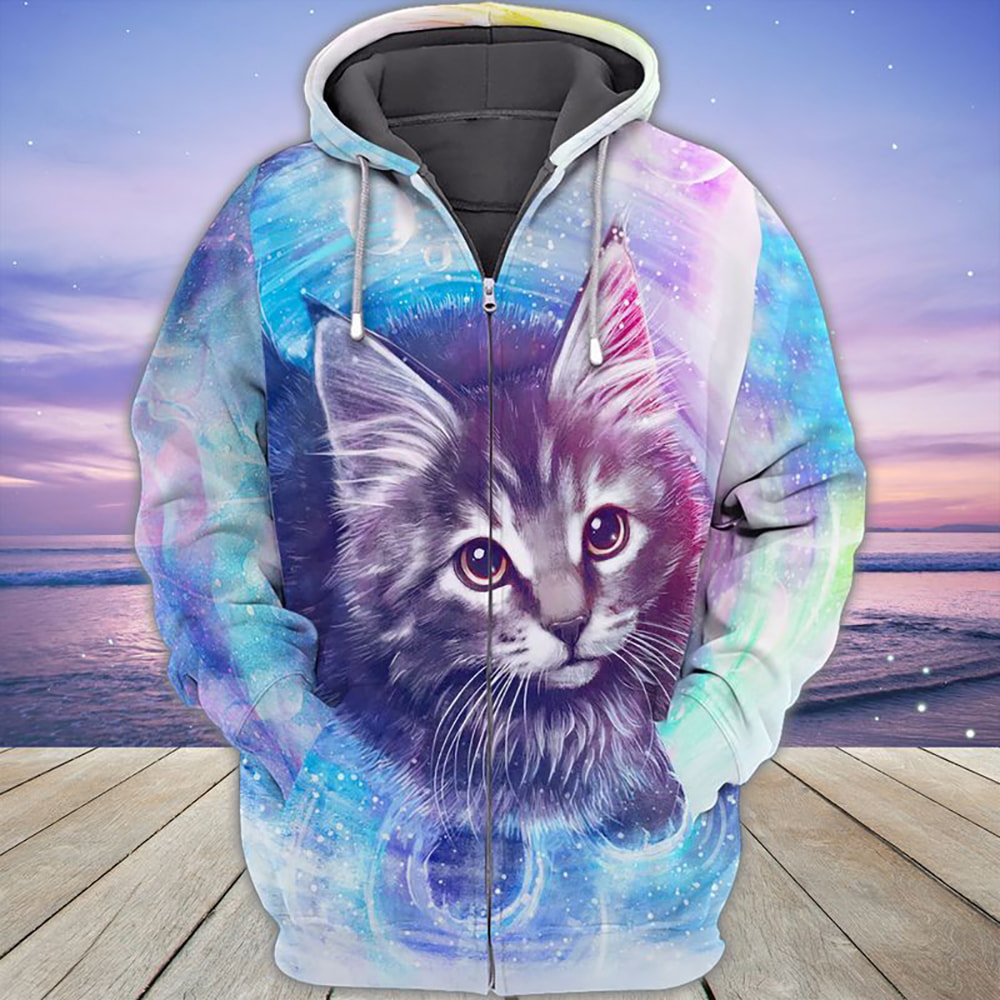 Cat Pink And Blue Galaxy 3D Hoodie, T-Shirt, Zip Hoodie, Sweatshirt For Men and Women