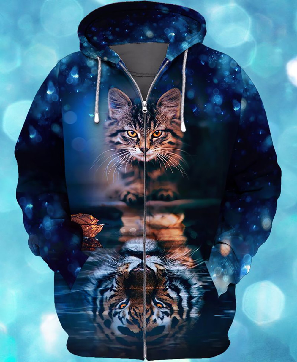 Cats Reflection Mirror Tiger Blue Color 3D Hoodie, T-Shirt, Zip Hoodie, Sweatshirt For Men and Women