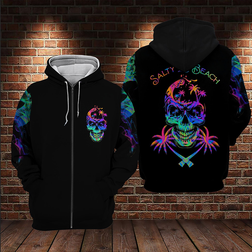 Colorful Skull Salty Lil' Beach Black Background 3D Hoodie, T-Shirt, Zip Hoodie, Sweatshirt For Men and Women
