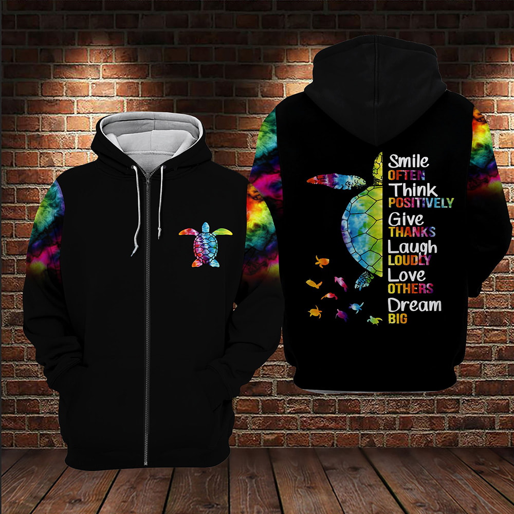 Colorful Turtle Smile Often Think Positively Give Thanks 3D Hoodie, T-Shirt, Zip Hoodie, Sweatshirt For Men and Women