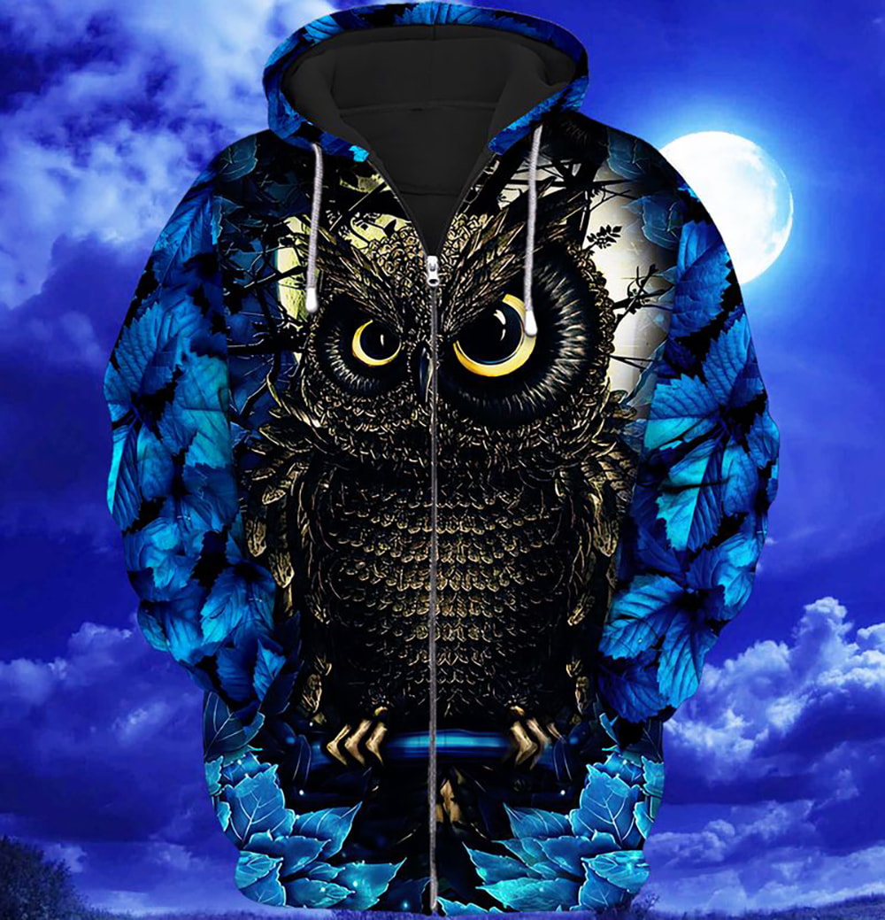Amazing Owl Blue Leaf 3D Hoodie, T-Shirt, Zip Hoodie, Sweatshirt For Men and Women
