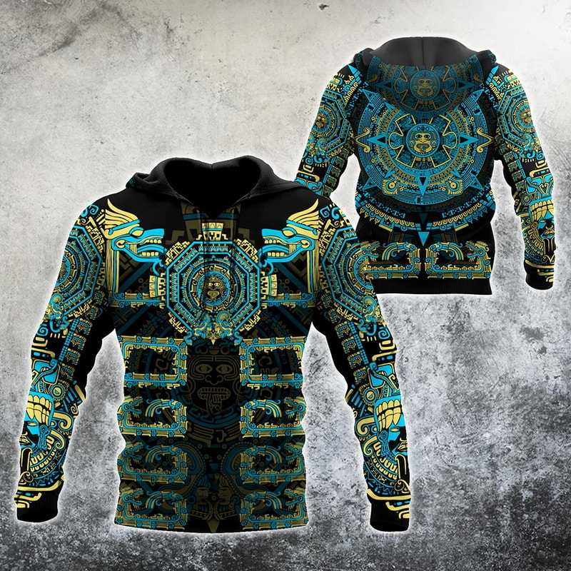 Aztec Mexico Black and Blue Pattern 3D Hoodie, T-Shirt, Zip Hoodie, Sweatshirt For Men and Women