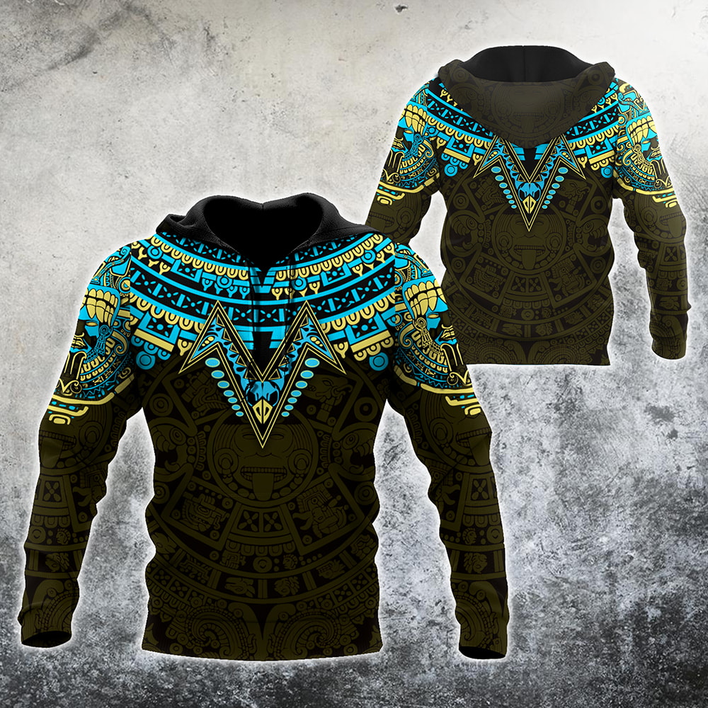 Aztec Mexico Blue And Green Pattern 3D Hoodie, T-Shirt, Zip Hoodie, Sweatshirt For Men and Women