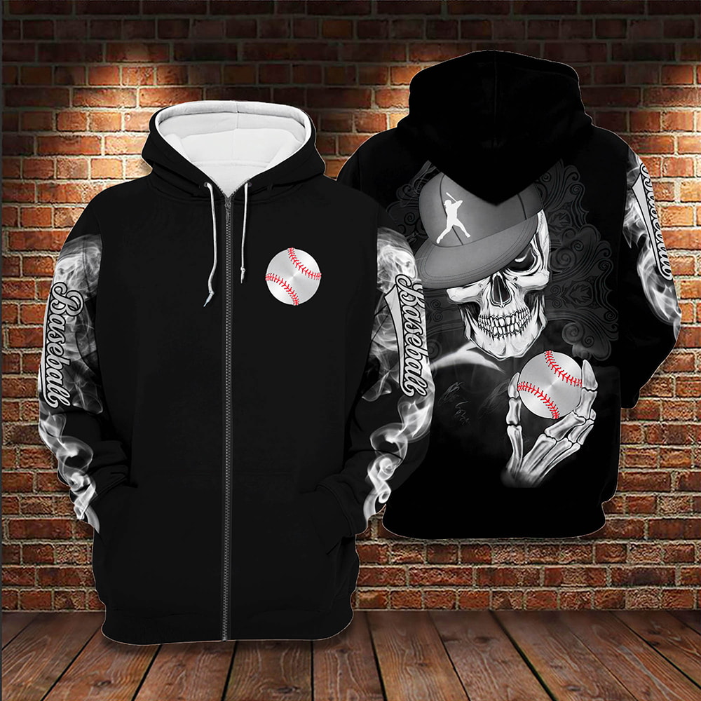 Badass Skull Baseball Black Background 3D Hoodie, T-Shirt, Zip Hoodie, Sweatshirt For Men and Women