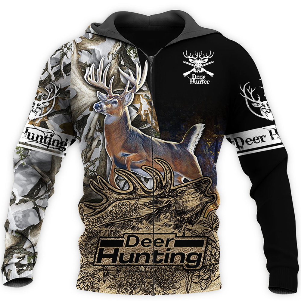 Deer Hunting In Black And Camo 3D T-Shirt, Hoodie, Zip Hoodie, Sweatshirt For Mens And Womans