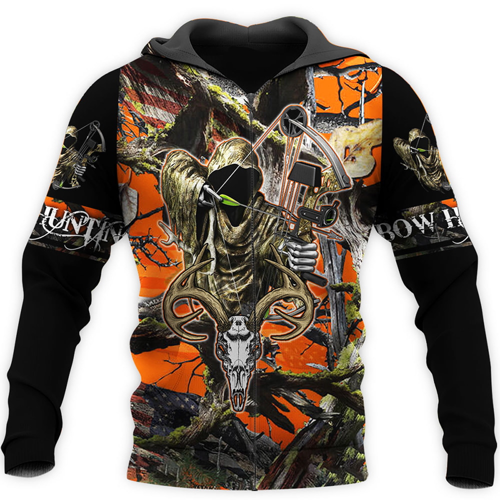 Deer Skull Bow Hunter Orange Camo 3D T-Shirt, Hoodie, Zip Hoodie, Sweatshirt For Mens And Womans