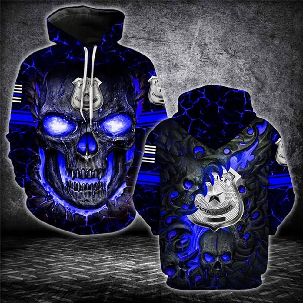 Blue Skull Police Protect & Serve 3D Hoodie, T-Shirt, Zip Hoodie, Sweatshirt For Men And Women