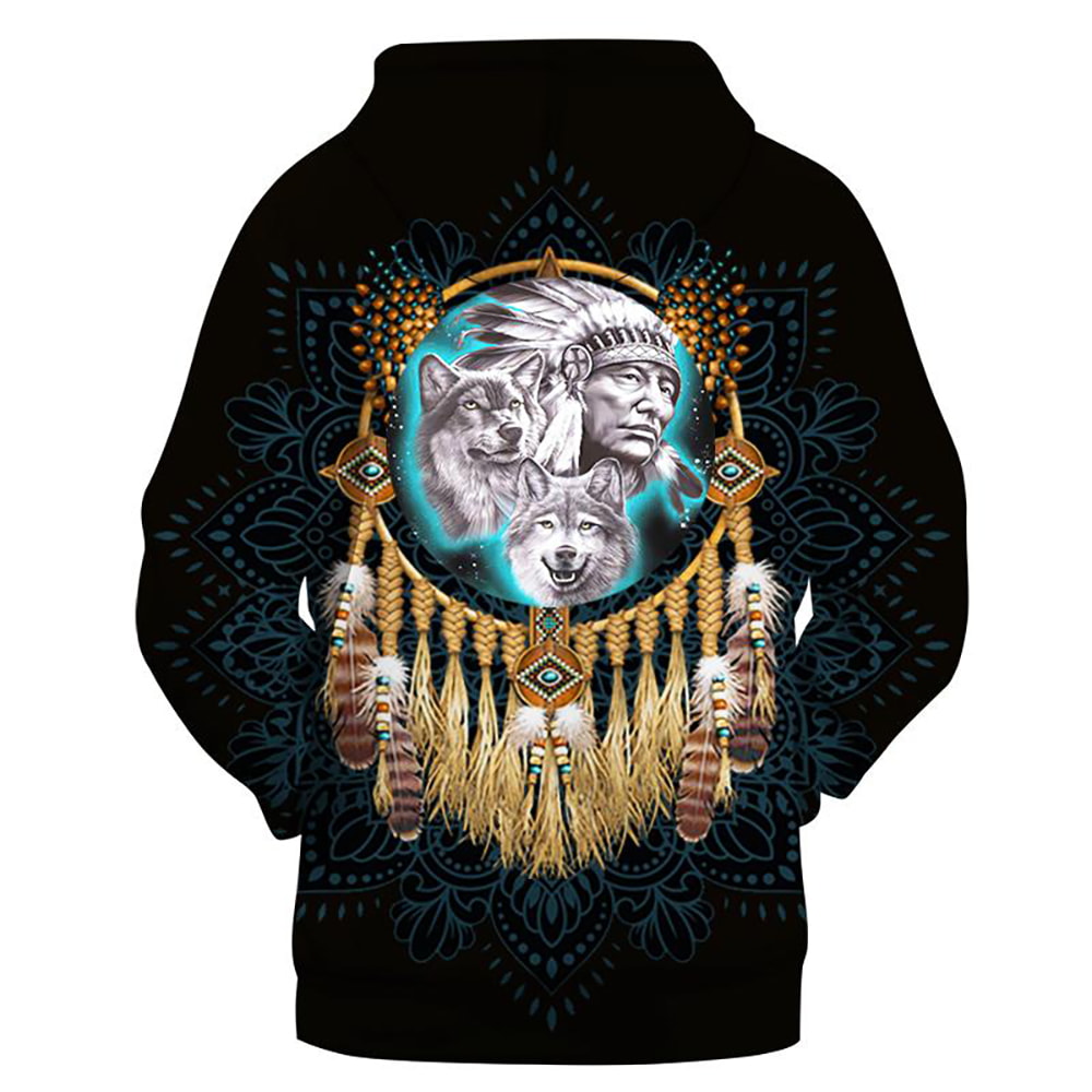 Chief With Wolf Native Dreamcatcher 3D Hoodie, T-Shirt, Zip Hoodie, Sweatshirt For Men And Women