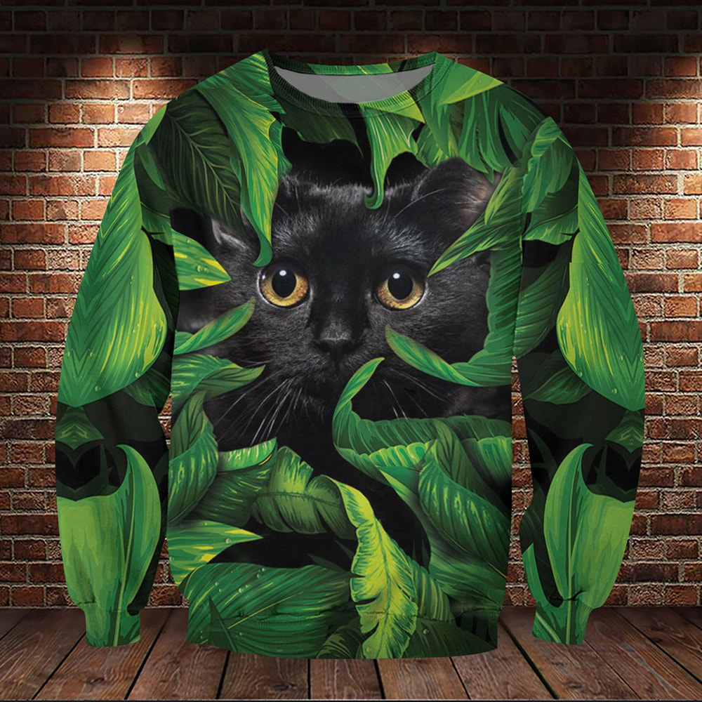 Black Cat Hidden Under Leaves 3D Hoodie, T-Shirt, Zip Hoodie, Sweatshirt For Men And Women