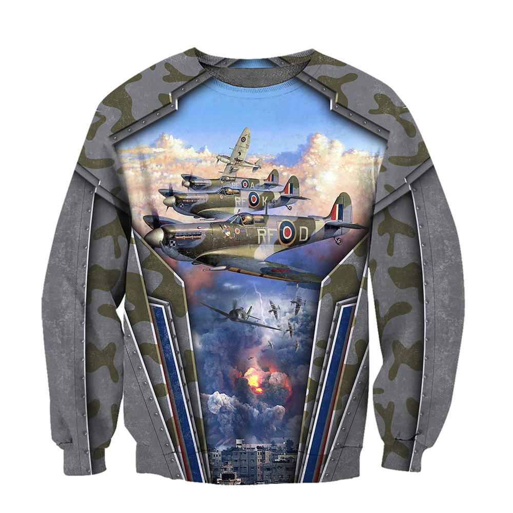 Air Force Aircraft Supermarine Spitfire Camo Metal 3D Hoodie, T-Shirt, Zip Hoodie, Sweatshirt For Men and Women