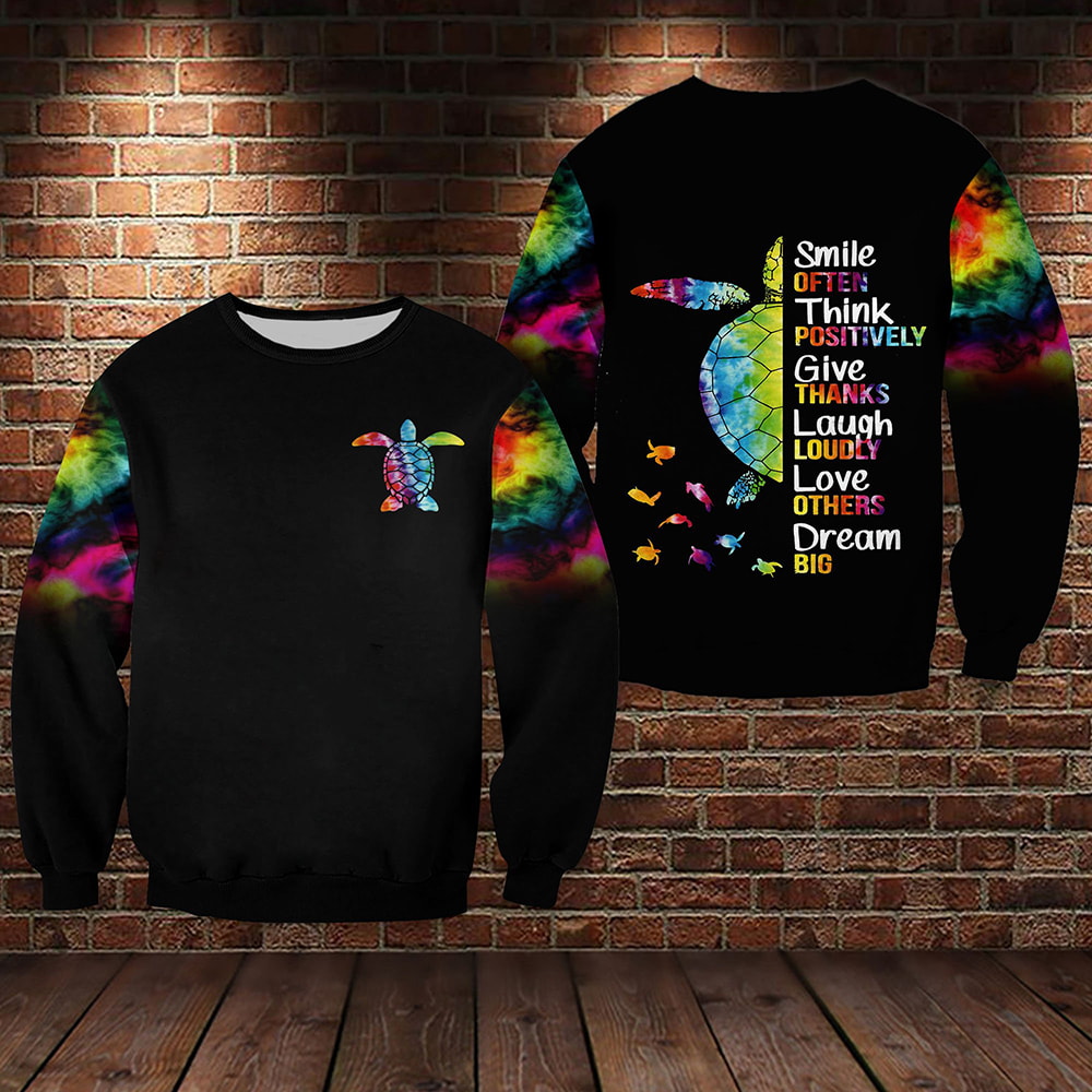 Colorful Turtle Smile Often Think Positively Give Thanks 3D Hoodie, T-Shirt, Zip Hoodie, Sweatshirt For Men and Women
