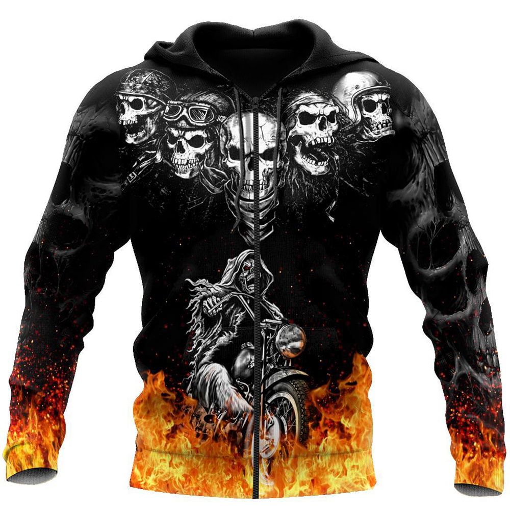 Biker Skulls On The Fire 3D Hoodie, T-Shirt, Zip Hoodie, Sweatshirt For Men And Women
