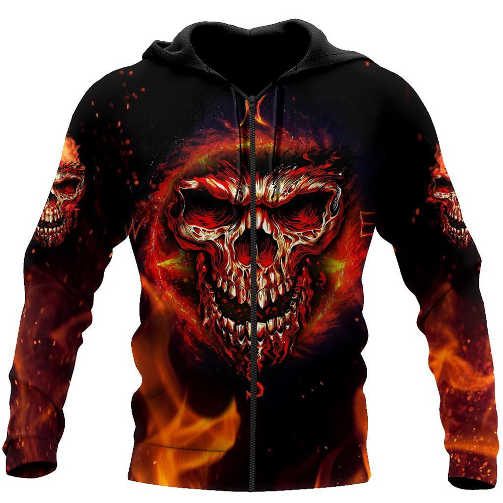 Angry Skulls On Fire Art 3D Hoodie, T-Shirt, Zip Hoodie, Sweatshirt For Men And Women