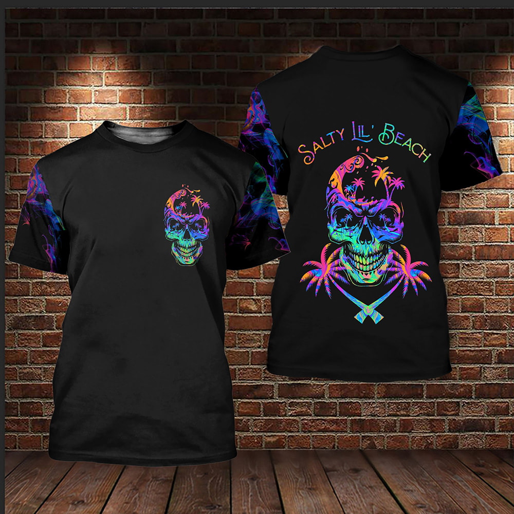 Colorful Skull Salty Lil' Beach Black Background 3D Hoodie, T-Shirt, Zip Hoodie, Sweatshirt For Men and Women