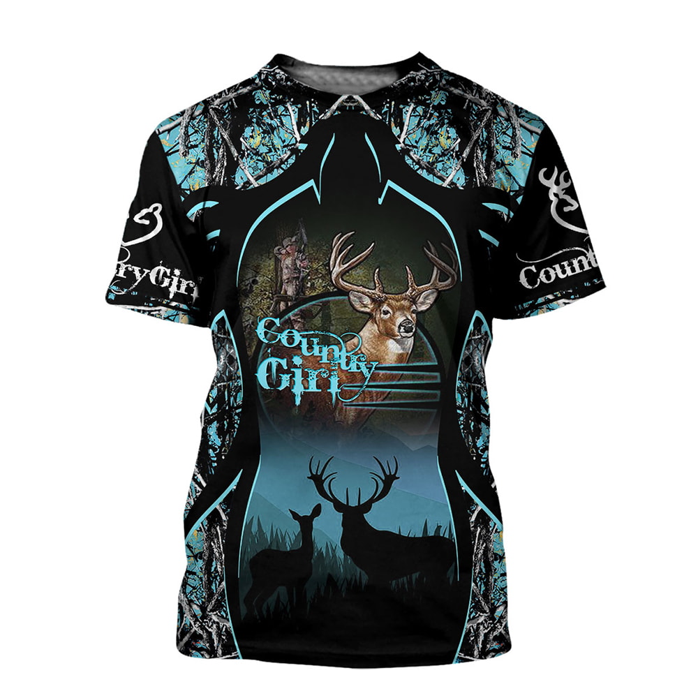 Deer Hunting Girl Country Blue Camo 3D T-Shirt, Hoodie, Zip Hoodie, Sweatshirt For Mens And Womans